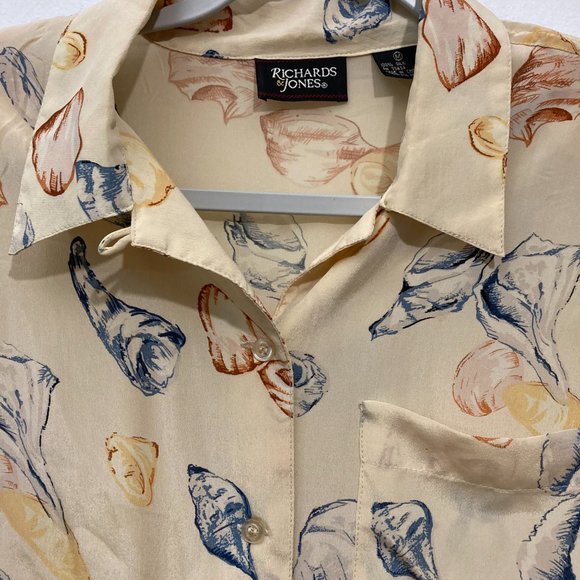VTG Richard & Jones Button up Shirt 100% Silk Short Sleeve Seashells Yellow M - Picture 5 of 11